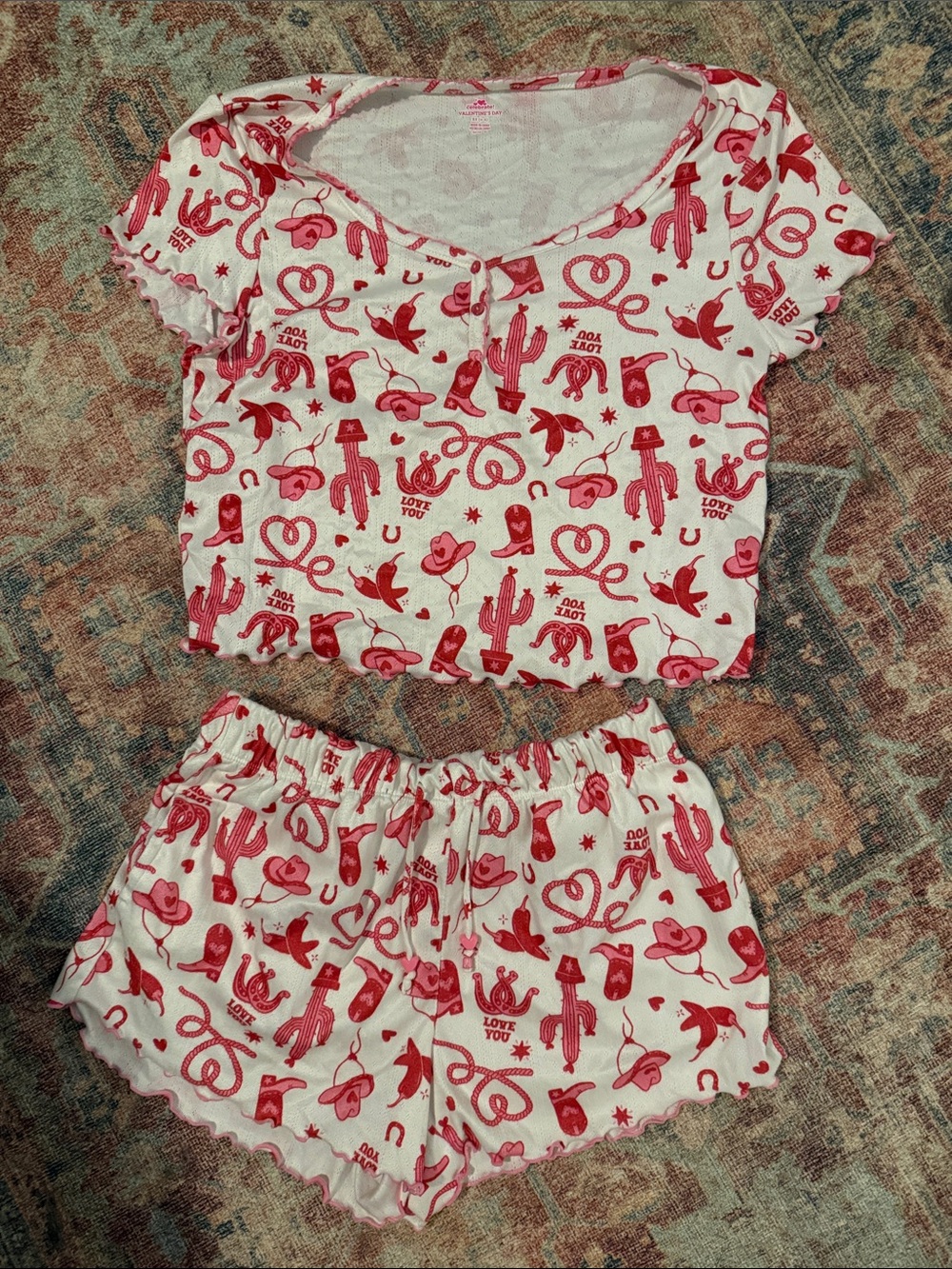 Women’s Red Pink Cowboy Print Pajama Set - Valentine’s